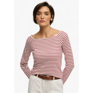 Langarmshirt SUPERDRY "BARDOT OFF SHOULDER TOP", Damen, Gr. XS, bordeaux rot stripe, Single Jersey, Obermaterial: 100% Baumwolle, gestreift, regular fit normal, U-Boot-Ausschnitt, Shirts Langarmshirt, mit U-Boot Ausschnitt und Wellenkante am Bund, Topseller