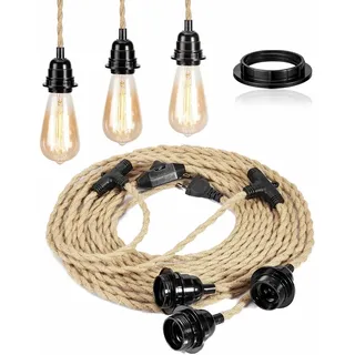 FRIDEKO HOME Pendelleuchte mit Stecker,3 Flammige Lampenfassung E27 mit Kabel,Vintage Lampenkabel mit Schalter mit 8,8M Hanfseil Plug,DIY Hängelampe für Esszimmer Schlafzimmer - Ohne Glühbirne