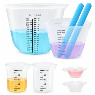 6 Stück Silikon Messbecher Set für Epoxidharz, Silikonbecher 1000ml/500ml/100ml/15ml Messbecher Krüge mit 2 Silikon Rührstäbchen für Epoxy Resin, DIY, Basteln, Labor