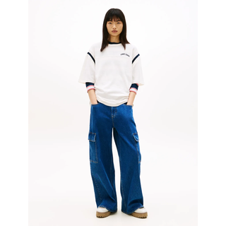 Loose-fit-Jeans TOMMY JEANS "CHARLIE MR LOOSE WD CARGO BJ4133", Damen, Gr. 29, Länge 32, denim medium, Denim/Jeans, Obermaterial: 99% Baumwolle, 1% Elasthan, weit lang, Jeans Loose-fit-Jeans, mit Cargotaschen, Mid Waist