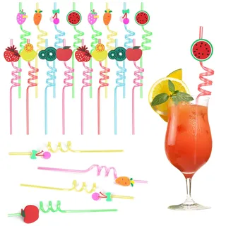 AUAUY Strohhalm Plastik, 16 Stück Wiederverwendbare Trinkhalme, Obst Lockige Kunststoff Strohhalm, Sommer Hawaii Pool Strohhalme für Geburtstagsfeier Party Deko Weihnachten Party Zubehör