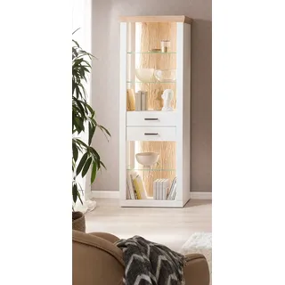 Vitrine ohne Tür MARINGA-05 mit offenen Fächern in Pinie weiß mit Eiche Nb. inkl. LED-Beleuchtung B/H/T ca. 71/205/40 cm - Weiß