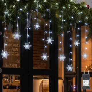 2 Stück Schneeflocke Lichterkette 94LEDs Lichtervorhang Kaltweiß Innen 8 Modi IP44 Deko Für Weihnachten Fenster Balkon Garten Party - Weiß