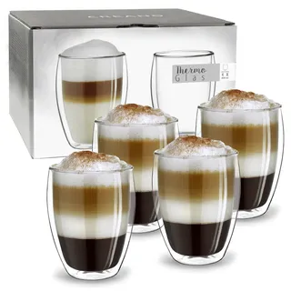 Creano doppelwandiges XXL Thermoglas 400ml, Extra großes hitzebeständiges Kaffeeglas/Teeglas/Latte Macchiato aus Borosilikatglas, 4er Set