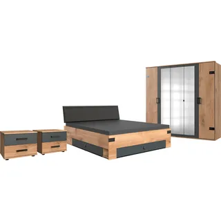Wimex Schlafzimmer-Set »Stockholm, rustikaler Look im Industrial Design« Set, 6-teilig, Kleiderschrank mit Spiegel, Bett inklusive Schubladen, grau