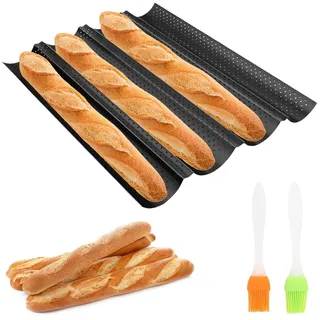 iPobie Baguette Backform,Baguetteblech mit Antihaftbeschichtung,Baguette Backblech für 4,Backformen Brot Backen Zubehör,Karbonstahl Backen Zubehör für Bäckereien,Mit Zwei Bürsten