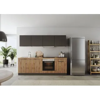 Küchenzeile KOCHSTATION "KS-Lagos2, Breite 240 cm", grau (küche: grau, front: listrado eiche, matt grau, korpus: grau matt, arbeitsplatte: wotaneichefarben), B:240cm H:200cm T:60cm, Komplettküchen-Sets, Küchenzeile, wahlweise mit E-Geräten, mit 38mm starker Arbeitsplatte