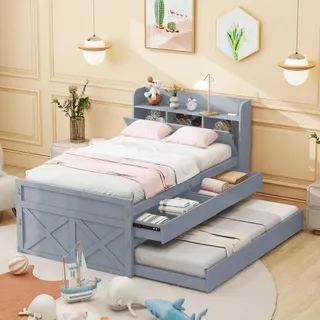 Ball & Cast Massivholzbett (90x190cm) mit Stauraum und USB-Buchse,Kinderbett mit Tagesbett Ausziehbar, Einfach & Zeitsparend Montierbar, Grau