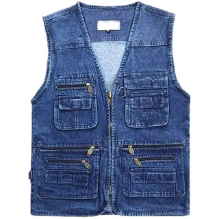 Daoba Herren Jeansweste Fotografen Ärmellos Jacken Outdoor Camping Multi-Tasche Wandern Arbeitsweste Baumwolle Anglerweste
