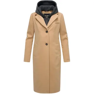 Navahoo Damen Mantel in Woll-Optik langer Trenchcoat leicht oversized mit (abnehmbarem) Kapuzen-Einsatz aus Sweat-Material Kekstraum 14 Camel Gr. L - L