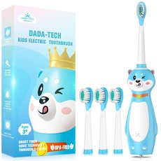 Dada-Tech Elektrische Zahnbürste Kinder ab 3 Jahren Silikon Griff Schallzahnbürste mit Integrierter Timer für Jungen Mädchen, 3 Putzmodi und 4 Zahnbürstenköpfen (Blau Shiba Inu)