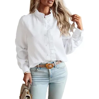 MAGAUSVZVK Damen-Bluse mit Rüschenbesatz, Knopfleiste, Stehkragen, langärmelig, lässig, elegant, gestreift, Rüschenkragen, Herbst, Büro, Arbeitskleidung(Weiß,XL)