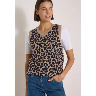 Pullunder CECIL, Damen, Gr. XL (44), creamy mocha melange, Strick, Obermaterial: 39% Polyacryl, 35% Baumwolle, 15% Polyester, 11% Nylon, normal hüftbedeckend, V-Ausschnitt, Bündchen, Pullover Pullunder, Sommer-Weste mit V-Neck und Leo-Muster