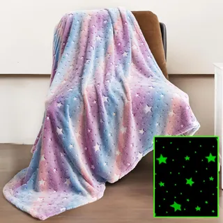 Winthome Kuscheldecke Mädchen Weiche, Glow In The Dark Kuscheldecke Kinder Fauschig Warme, Kinderdecke für Mädchen Junge Geschenk Weihnachten, Babydecke Alle Jahreszeiten Geeignet(Stern 3,130x170cm)
