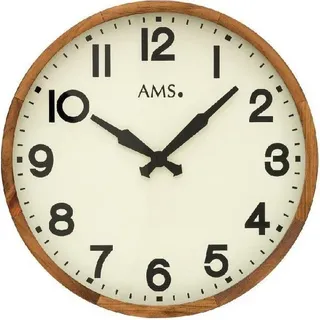 AMS 9535 Wanduhr Quarz analog Holz Holzrahmen massiv antik creme farben mit Glas - Beige