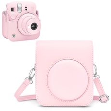 Rieibi Tasche für Fuji Instax Mini 12 – PU Leder Polaroid Schutzhülle für Fujifilm Instax Mini 12 Sofortbildkamera mit verstellbarem Schultergurt – Pink
