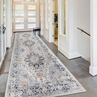 Homcomodar Distressed Läufer Teppich für Flur 80x300cm Vintage Flur Runner Teppiche Waschbare Boho Kitchen Runner Teppiche für Entryway Wäsche Daneben(Blau)