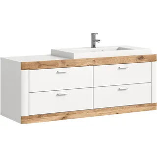 xonox.home - Waschbeckenunterschrank Laredo 132x50x48 cm in Front weiß matt Tiefzieh Korpus weiß Melamin Absetzung Nox Oak inkl. Waschbecken - Waschtischunterschrank hängend - modern und funktional