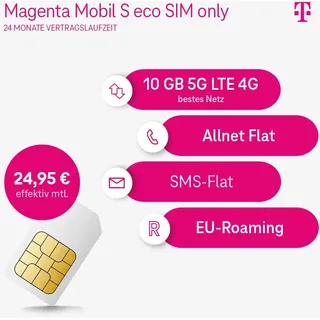 Deutsche Telekom Handytarif - Magenta Mobil S eco SIM only (Allnet Flat, 10GB 5G LTE 4G, 24,95€ effektiv monatlich durch 360€ Cashback, 24 Monate Laufzeit) [Amazon Exclusive]