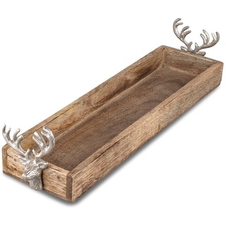 dekofabrik.de Advent-Deko-Tablett-Elch-aus-Mango-Holz-mit-Alu-Griffen 48 cm natur-silber