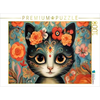 CALVENDO Puzzle Katze Im Stil von Frieda Kahlo | 1000 Teile Lege-Größe 64 x 48 cm Foto-Puzzle für glückliche Stunden