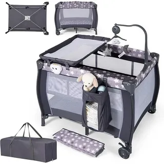 3 in 1 Beistellbett klappbar, Reisebett mit Matratze, Hängespielzeug, Spieluhr, Wickeltisch & Tragetasche, 2 Ebene Babybett mit Rollen für Baby bis 36 Monaten (Dunkelgrau) - Dunkelgrau