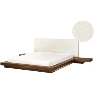 BELIANI LED-Bett Braune Esche Bouclé u. MDF-Platte Holzoptik Lattenrost 160x200cm Nachttische Hohes Kopfteil Japanischer Stil Plattform-Bett Futonbett - Braun, Weiß