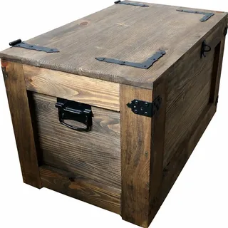 Rustikale Holztruhe auf Rädern 80x47x45 cm. Holztruhe mit Metallelementen - Braun