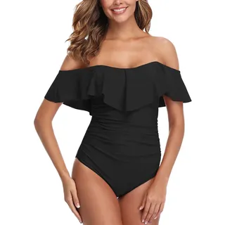 ZINPRETTY Einteiliger Damen-Badeanzug, Retro-Stil, Bauchweg-Effekt, schulterfrei, Volant, gerüscht, Monokini, volle Abdeckung