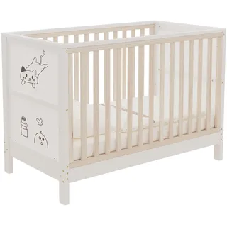 Wishdor Babybett 60/120 cm in Natur/Weiß Massivholz mit bemalbaren Tafeln, 3-fach höhenverstellbar , Weiß, Naturfarben , Holz, Holzwerkstoff , Rechteckig , 60x120 cm , Babymöbel & Kindermöbel, Kinderzimmer & Jugendzimmer, Kinderbetten