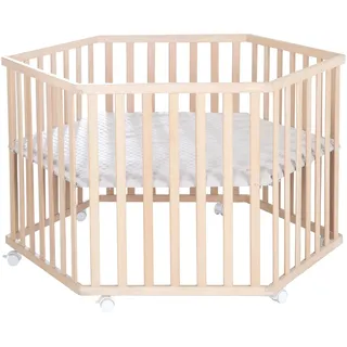 roba Laufgitter 6-eckig 'Lil Planet grau' inkl. Schutzeinlage – höhenverstellbares Spielgitter aus Bio-Buche, natur, mit 6 Bremsrollen, Ø 121 cm, Höhe 72 cm,