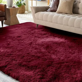 XSIVOD Hochflor Teppich Weinrot 140x200 cm, Weicher Teppich Wohnzimmer | Waschbarer flauschiger Hochflor Teppich, rutschfeste Matte für Schlafzimmer, Kinderzimmer und Büro, moderner weicher Teppich