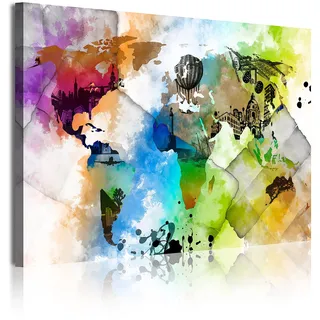 DekoArte 347 - Modernes Bild, digitalisierter Kunstdruck | Dekoratives Bild für den Salon oder das Schlafzimer | Weltkarte Städte Aquarelle | 1 Teil 120 x 80 cm