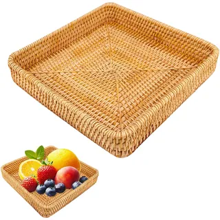 Tissting Rattan Tablett Rechteckige 21 x 21 x 4 cm Gewebt Serviertablett Obsttablett Snack Dessert Tee Teller Handgewebter Brot Korb Deko Tablett für Hme Restaurant