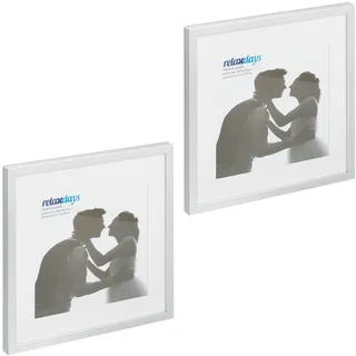 Relaxdays Bilderrahmen 2er Set, 38,5x38,5 cm, quadratisch, Fotorahmen, Aufhängen oder Hinstellen, Passepartout, silber