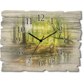 ARTland Holz Wanduhr Quarzuhr - schwarzer Zeiger Wald mit Bach Größe: 40x30 cm - Grün