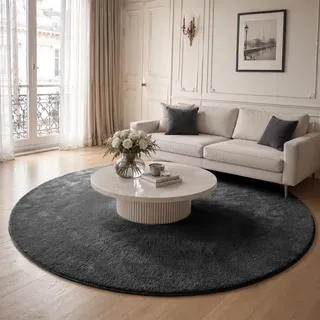 VOUNOT® Teppich Wohnzimmer rund Ø 200 cm, mit rutschfeste Rückseite & Antirutschmatte, Kuscheliger Kurzflor Flauschig Teppiche Gegend für Schlafzimmer Kinderzimmer Esszimmer, Anthracite