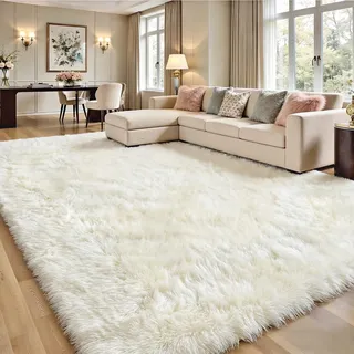 Homcomodar Hochflor Teppich Wohnzimmer Beige Teppich Wohnzimmer 200x300 Große Teppiche Anti-Rutsch Waschbar Teppiche Kinderzimmer Schlafzimmer FlauschigerTeppich