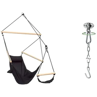 AMAZONAS Hängesessel Swinger Black mit Fußablage aus Rucksackstoff besonders stabil & Deckenhaken kugelgelagert Power Hook bis 200kg für Hängesessel inkl. Verlängerungskette 78 cm