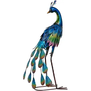 TERESA'S COLLECTIONS Gartendeko für draußen, Gartenfigur für Außen, 57cm Metall Pfau Wetterfest Figur, Stehende Pfau Metallfigur für Terrasse Balkon Hof Rasen,Geschenke für Frauen(L)
