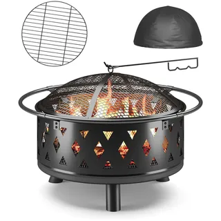 Bealife Feuerschale 76 cm Ø – mit Grillrost, Funkenschutz & Schürhaken | Feuerkorb aus Stahl für Garten/ Terrasse FP03