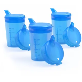 Horn Medical 3er Pack 250ml Erwachsenen Schnabelbecher-/Trinkhilfe-Sets mit je zwei Deckeln (große & kleine Öffnung) pro Set - Farbe wählbar (blau)