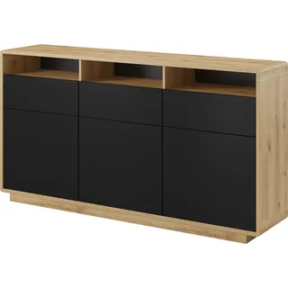 Furniture24 Kommode Aston 26 Sideboard 200 cm 3 Türen 3 Schubladen mit 3 Punkt Led licht - Schwarz