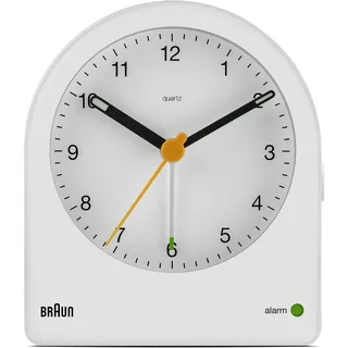 Braun Classic Analogwecker mit Schlummerfunktion und kontinuierlicher Hintergrundbeleuchtung, geräuscharmes Quarzwerk, Crescendo-Piep-Wecker in Weiß, Modell BC22W