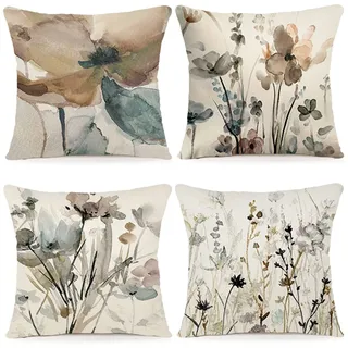 YCOLL Blumen Kissenbezug 50x50 4er Set Kissenhülle Leinen Sofakissen Moderne Abstrakte Blumen Aquarellmalerei Dekokissen für Sofa Schlafzimmer Couch Outdoor Kissenbezüge 40x40 A090