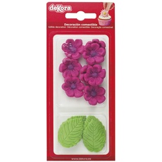 Dekora - Essbare Blumen für Torte aus Zucker - Box mit 8 pinkfarbenen Blüten und 5 grünen Blättern - Zuckerblumen Tortendeko Geburtstag Essbar