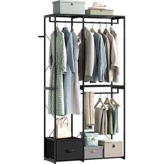 WOLTU Kleiderständer, mit 2 Kleiderstangen, 4 Ablagen und 1 Stoffschublade | Garderobenständer aus Metall, bis 150 kg belastbar, für Schlafzimmer Wohnzimmer, 100x40x192 cm, Schwarz