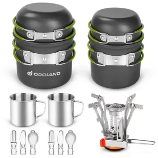 Odoland Camping Geschirr Set 16 PCS für 2 Personen Outdoor Kochgeschirr aus Aluminium und Edelstahl Camping Töpfe Becher Faltbare Besteck Mini Campingkocher für Outdoor Geschirr Picknick Wandern