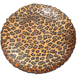 DRW Set mit 4 runden Glaszentren mit Leopardenmuster in Braun, 41 x 41 x 7 cm, Glas, Medidas: 41x41x7 cm