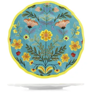 H&H, Set mit 6 Melamin-Tellern aus dekoriertem Melamin – Kollektion Blossom, Ø 23 cm, Blumenmuster und farbigem Rand, strapazierfähig, bruchsicher, ideal für Outdoor, Camping, Garten, Terrasse